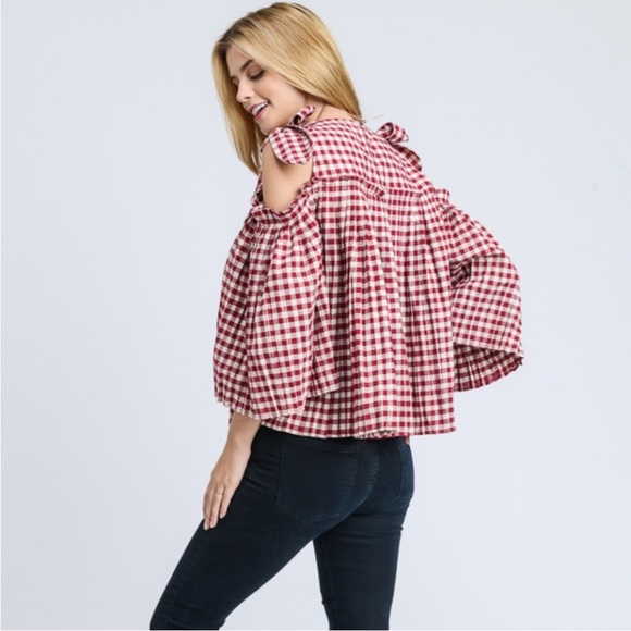 DOE & RAE Red and White Gingham Checked Cold Shoulder Butterfly Sleeve Blouse - Picture 9 of 17